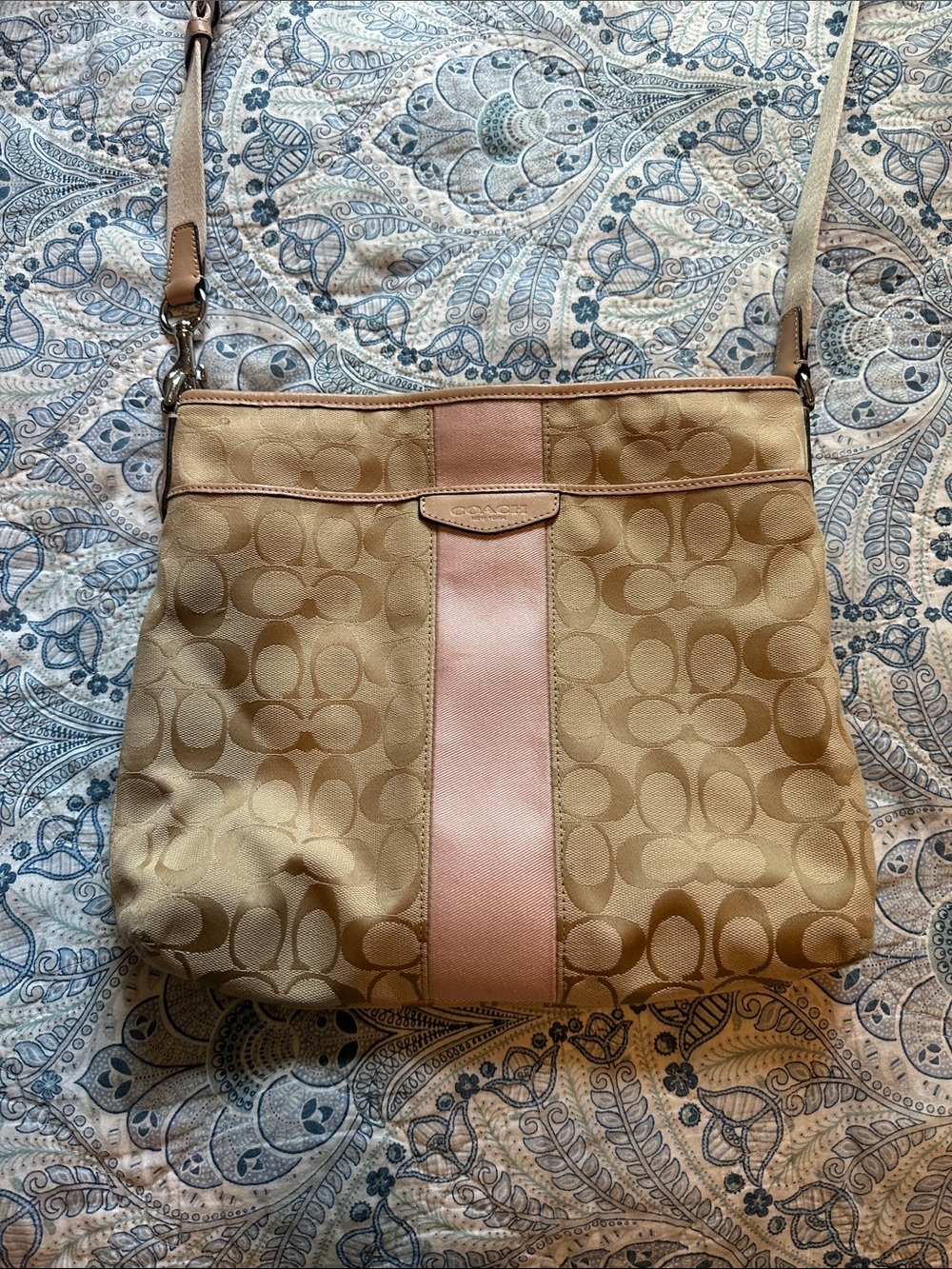 Coach Khaki Signature Canvas Crossbody with Pink Center Panel